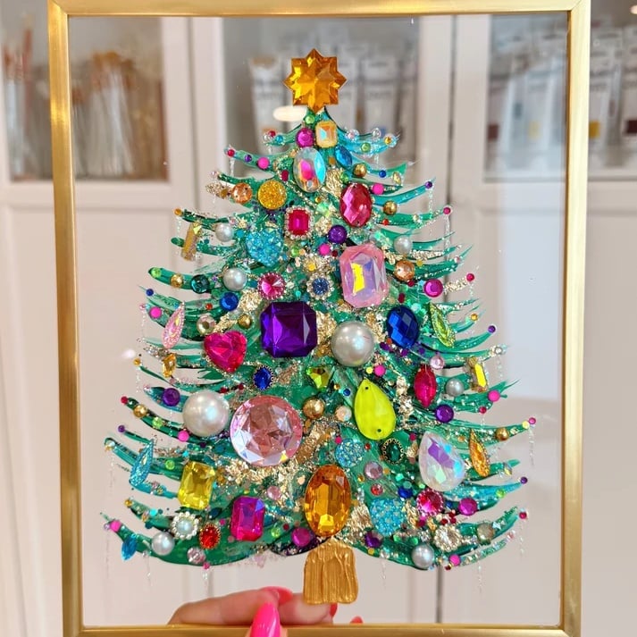 Handmade Gem Christmas Tree Framed Acrylic Art | 8x10 Gold Frame Rhinestone Holiday Decor 🎄✨