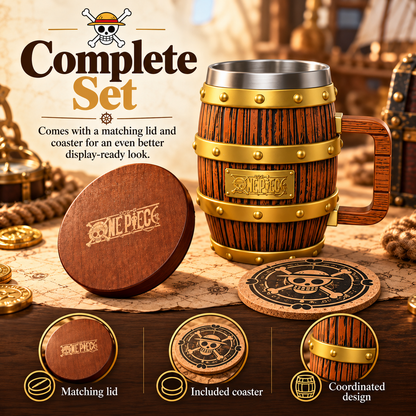 🪵Pirate Barrel Mug Set – Rustic Adventure-Inspired Mug with Lid & Coaster