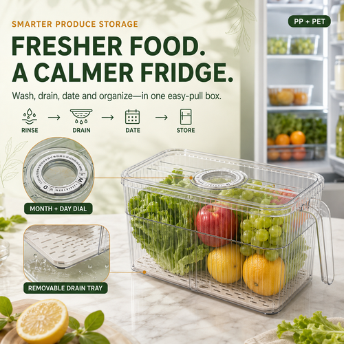 🥬 Stackable Refrigerator Produce Storage Box with Date Dial, Drain Basket & Easy-Pull Handle