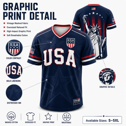USA Soccer Jersey Men Women Navy Patriotic American Flag Football Shirt Statue of Liberty Graphic V Neck Sports Tee Red White Blue Stars Stripes Short Sleeve Athletic Top 4th of July Independence Day Fan ApparelUSA Soccer Jersey Men Women Navy Patriotic A