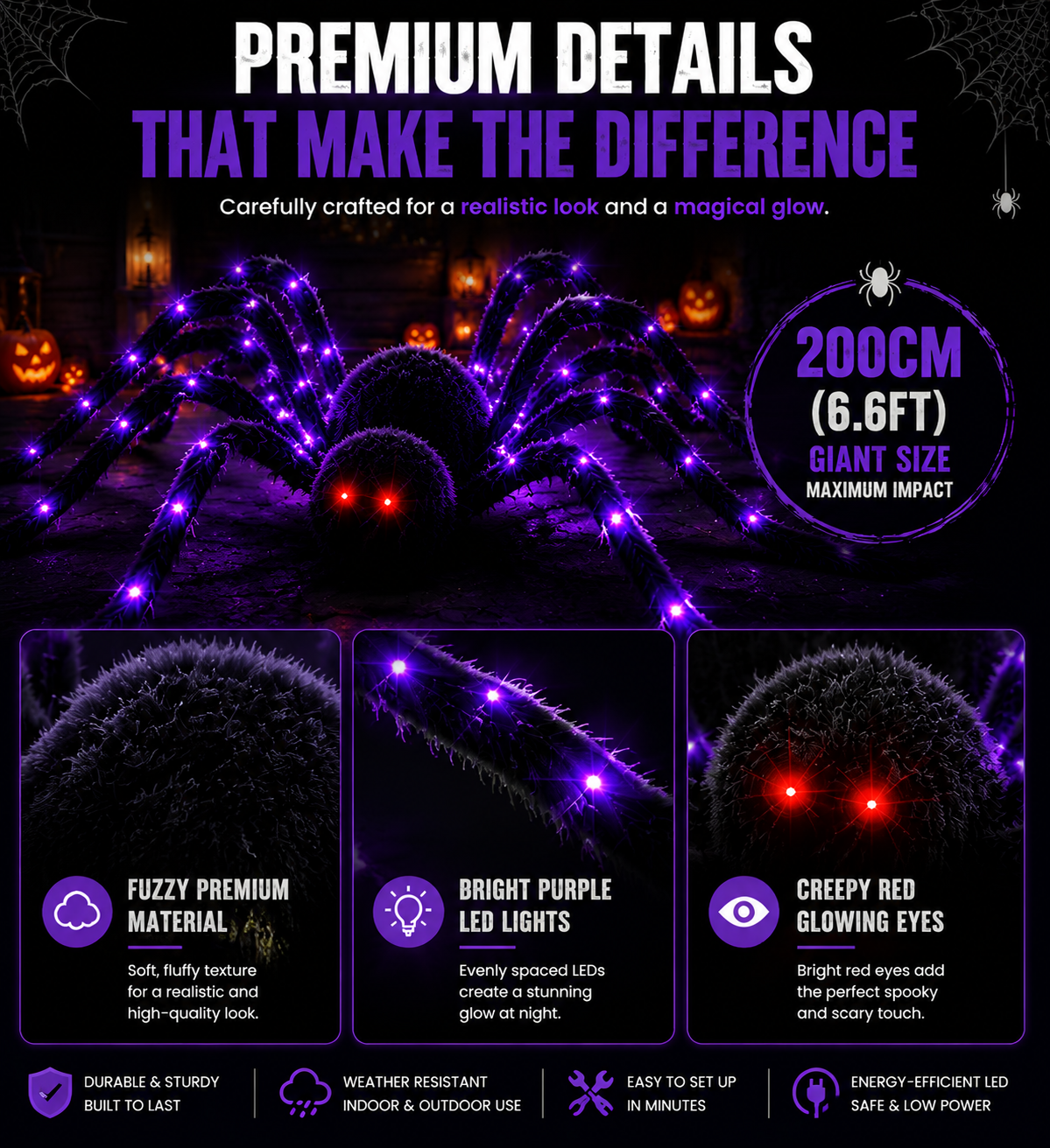 🕷️ Giant LED Halloween Spider Decoration | Outdoor Yard & Porch Spooky Light Display
