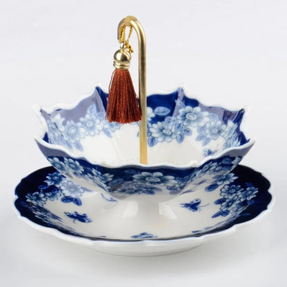 🍵 Ceramic Tea Strainer with Saucer – Blue & White Umbrella Loose Leaf Tea Filter