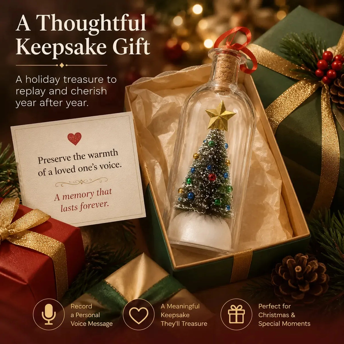 Recordable Christmas message bottle ornament presented as a gift