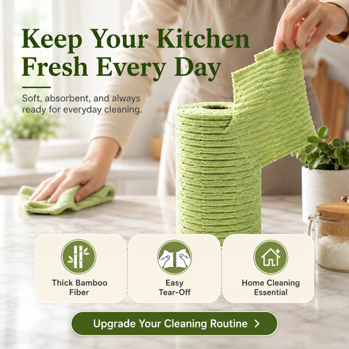 🍃 Bamboo Fiber Cleaning Cloth Roll – Thick Absorbent Tear-Off Kitchen Towels for Grease, Spills & Everyday Cleaning