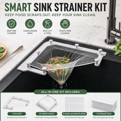 🗑️ Smart Sink Strainer Holder Kit With 50 Mesh Bags – Keep Food Scraps Away From Your Drain