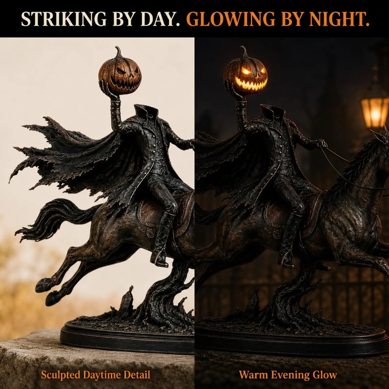Headless Horseman statue daytime and glowing nighttime comparison
