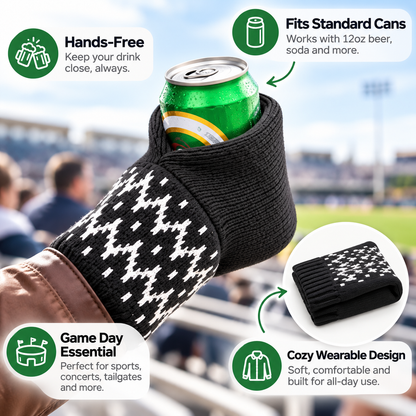 Hands-Free Wearable Can Holder – Cozy Knit Drink Sleeve for Game Day
