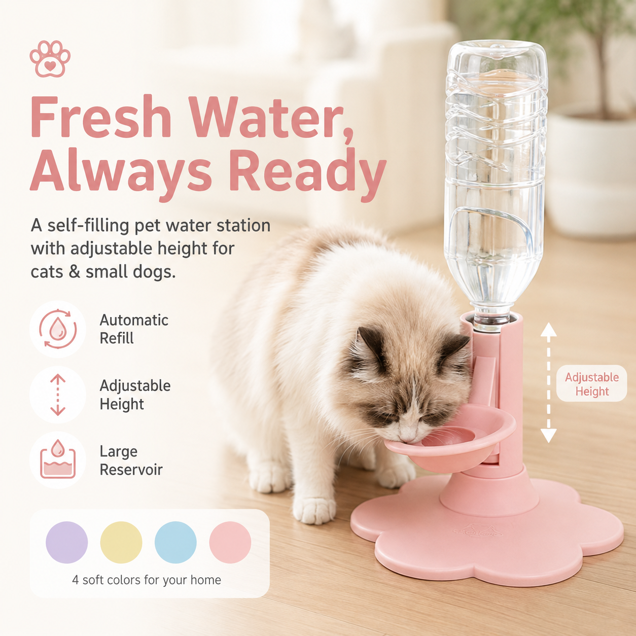 🐾 Adjustable Height Pet Water Dispenser – Self-Filling Gravity Water Bowl for Cats & Small Dogs