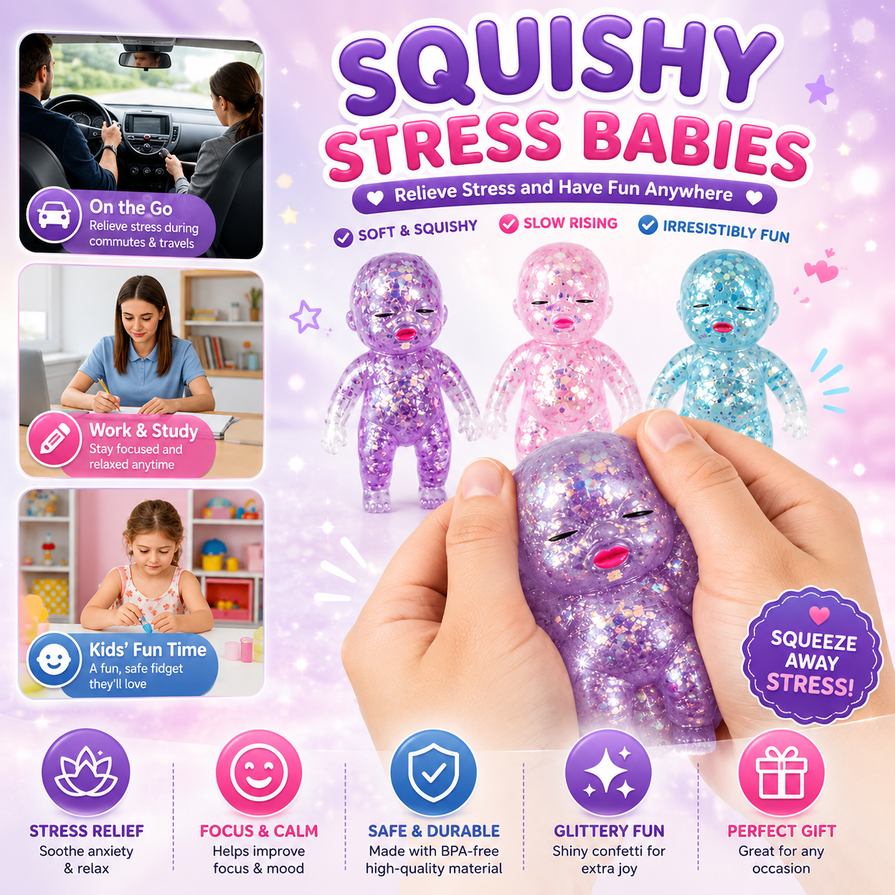 【Summervibes】3 Pack Baby Squishies Glittery Slow Rising Fidget Toys