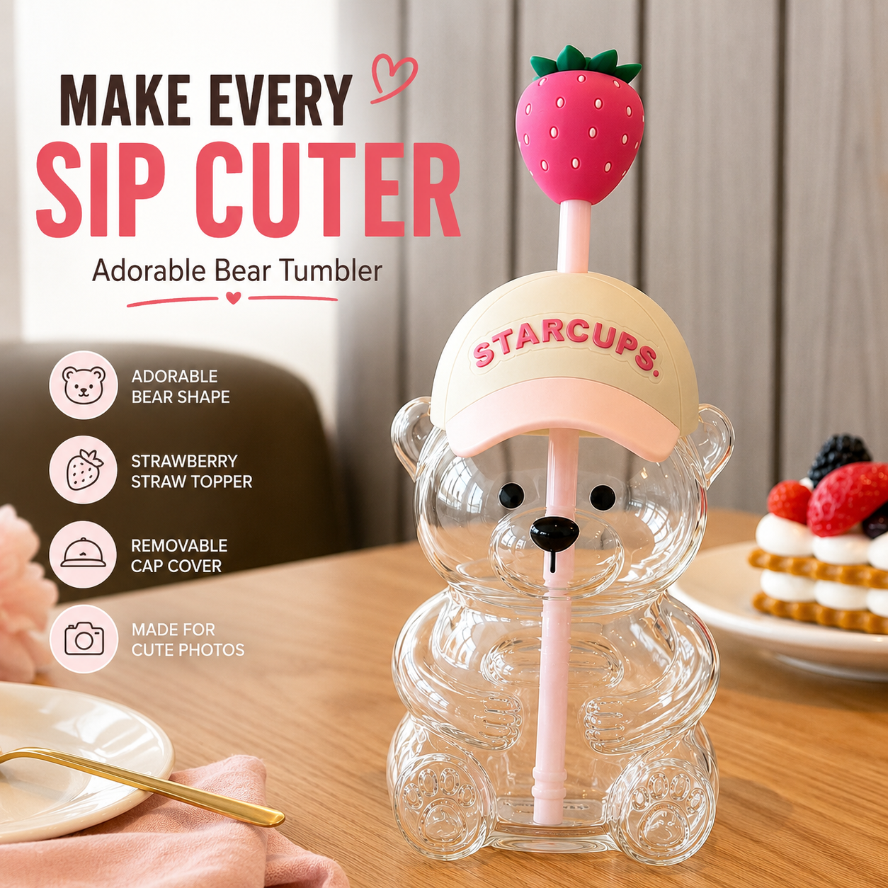 🧸2026 New Cute Beaar Glass Tumbler with Bear Lid & Strawberry Straw✨