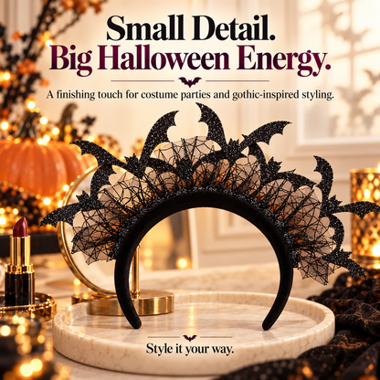🦇 Black Bat Crown Headband – Spider-Web Lace & Glitter-Look Halloween Headpiece