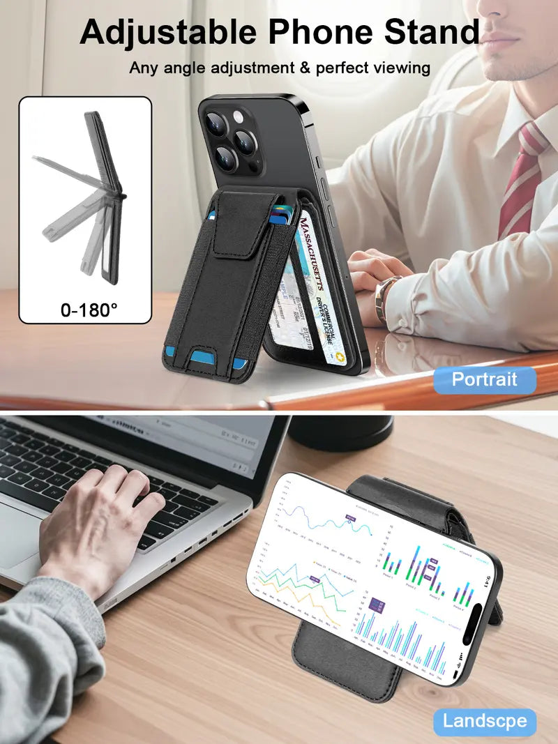 Adjustable portrait and landscape magnetic wallet phone stand