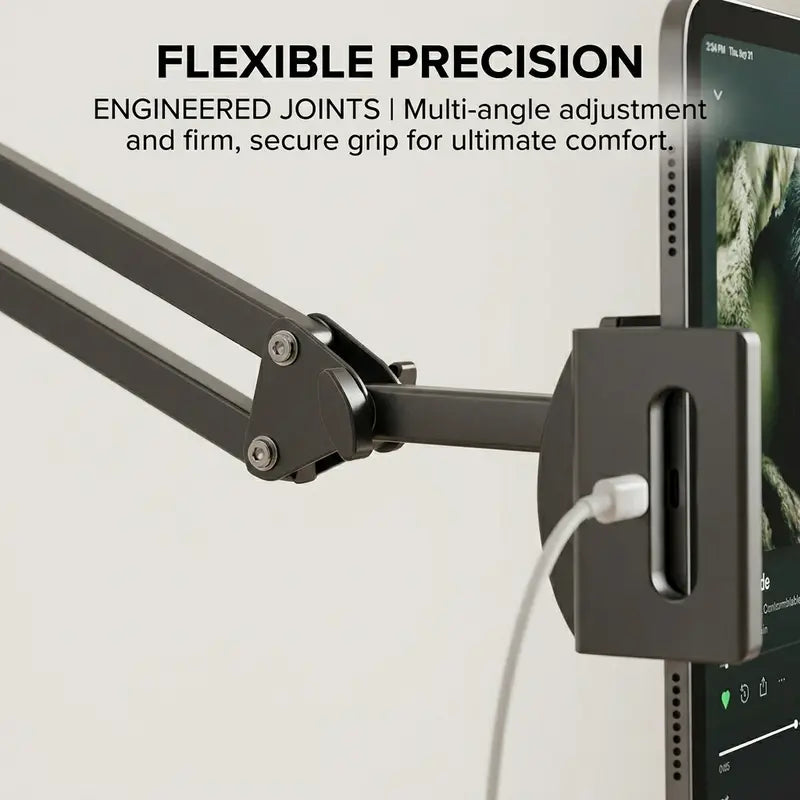 1 Count Bedside Tablet Stand with Metal Base, Universal Holder for Phone and iPad, Flexible Mechanical Arm Fits 4-12.9 Inch Devices, Clamp or Desktop Mount for Bed, Sofa, Kitchen Counter, 360° Rotatable