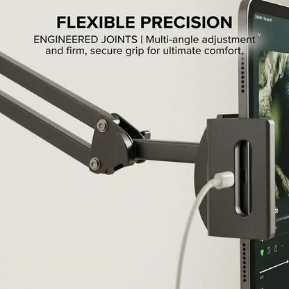 1 Count Bedside Tablet Stand with Metal Base, Universal Holder for Phone and iPad, Flexible Mechanical Arm Fits 4-12.9 Inch Devices, Clamp or Desktop Mount for Bed, Sofa, Kitchen Counter, 360° Rotatable