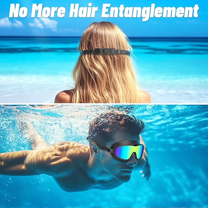 🏊Swim Goggles for Adults, Anti-Fog UV400 Protection No-Leak Wide Vision Swimming Goggles with Swim Cap, Adjustable Quick-Release Big Frame Eyewear for Men Women