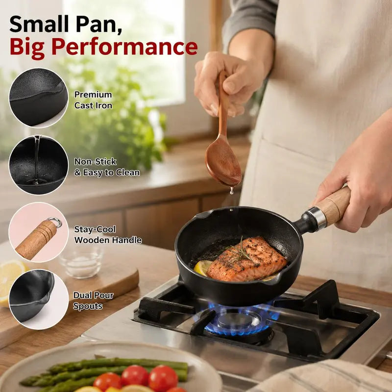 🍳 4.3" Pre-Seasoned Cast Iron Mini Sauce Pan with Wooden Handle & Dual Pour Spouts