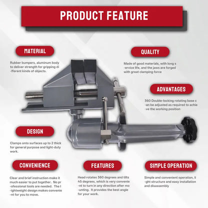 3" Aluminum Work Bench Vise - 360° Swivels, Universal Clamp, 2" Jaw Opening, Rotating Design, New, Swivels 360°, Aluminum Body, 45° Tilt Adjust, 360 Degrees Rotating Jaw