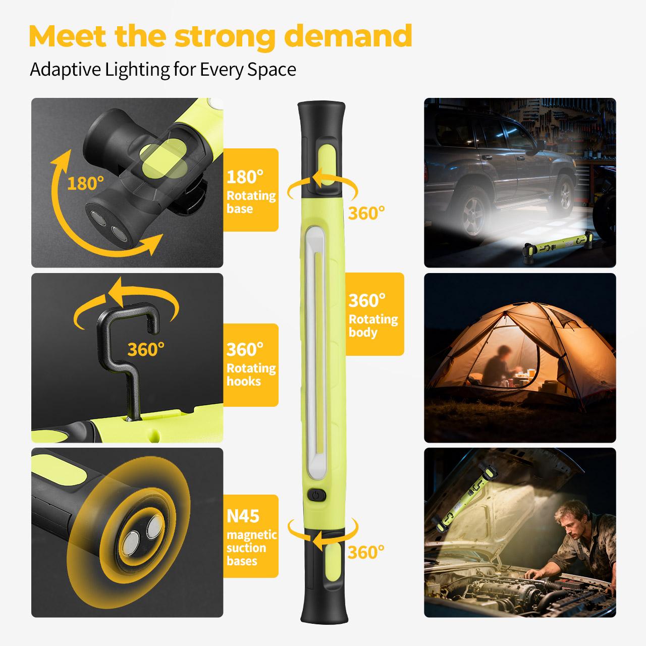 🔋New 15W COB Rechargeable Work Light, 360° Rotatable Magnetic LED Inspection Lamp with Hook & Power Bank, Super Bright Portable Floodlight for Car Repair, Camping, Home Emergency (USB Charging)