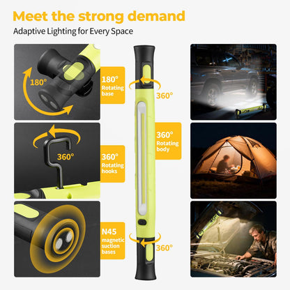 🔋New 15W COB Rechargeable Work Light, 360° Rotatable Magnetic LED Inspection Lamp with Hook & Power Bank, Super Bright Portable Floodlight for Car Repair, Camping, Home Emergency (USB Charging)