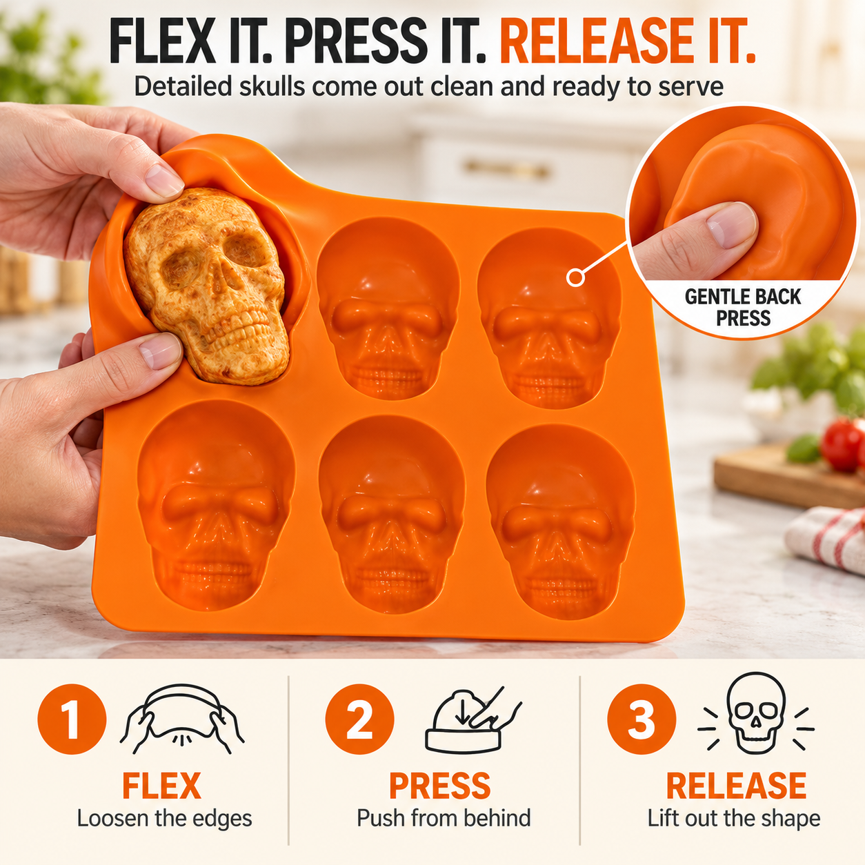 💀 6-Cavity Silicone Skull Baking Mold – Halloween Pizza, Cake & Treat Maker