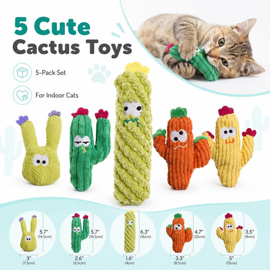 🌵 5 Pack Organic Catnip Cactus Cat Toys | Soft Plush Chew Toys for Indoor Kittens & Adult Cats! 🐱