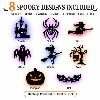 🔥Last Day 50% OFF - 🎃8 Pack Halloween LED Silhouette Wall Light Stickers, Battery Powered Peel & Stick Decor Lights