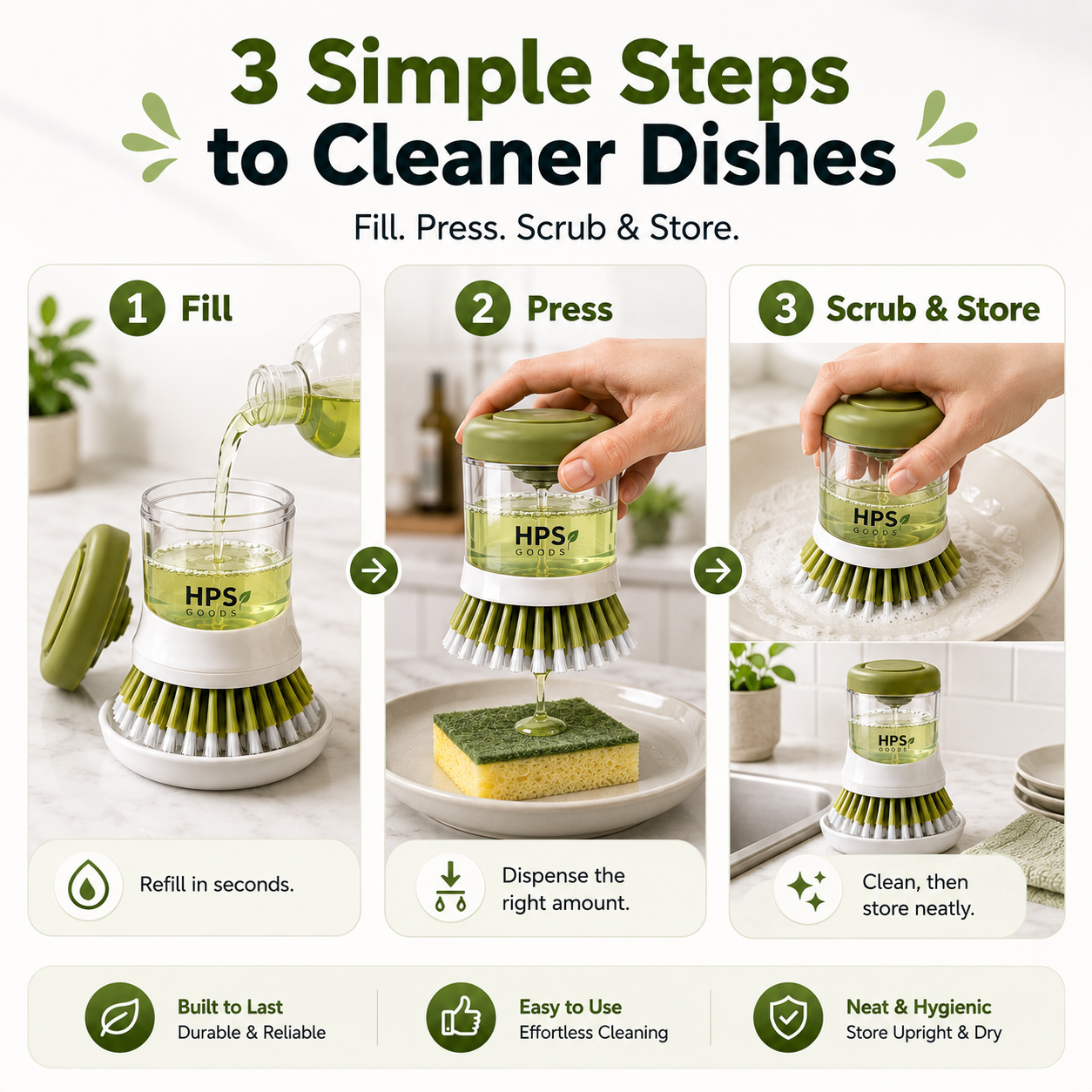 🧼 Press-to-Dispense Dish Brush with Storage Base – Cleaner Sink, Easier Dishwashing