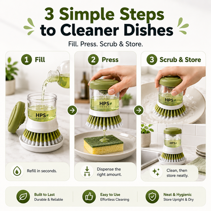🧼 Press-to-Dispense Dish Brush with Storage Base – Cleaner Sink, Easier Dishwashing