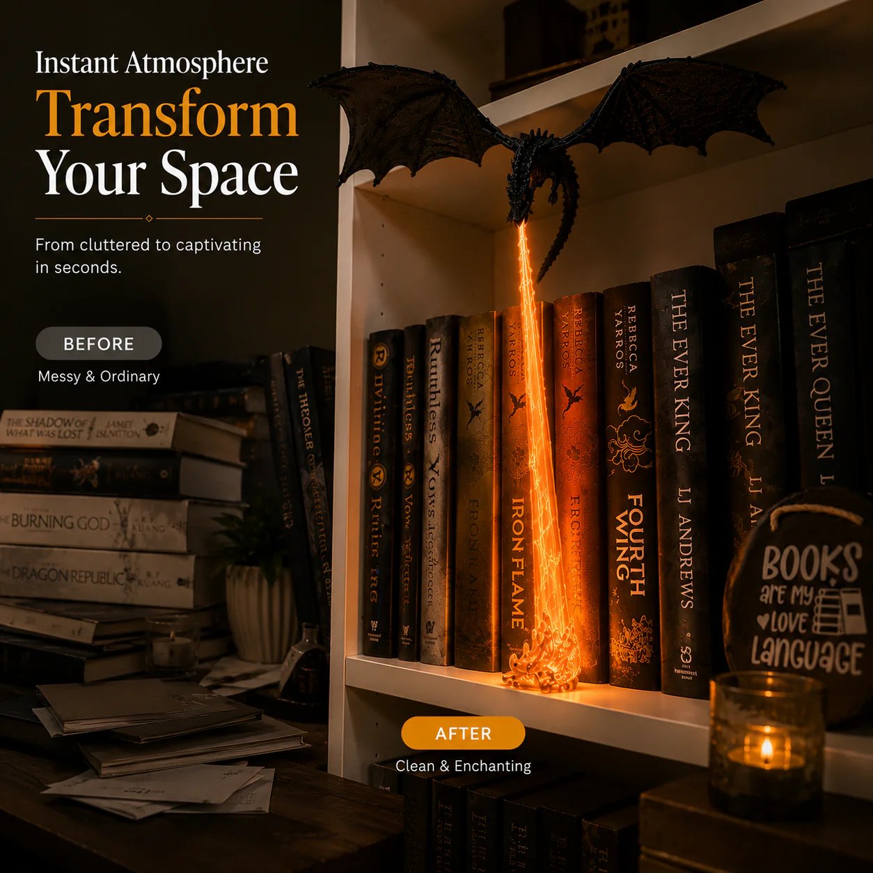 🐉 Fire-Breathing Dragon Bookshelf Lamp – Fantasy LED Shelf Decor