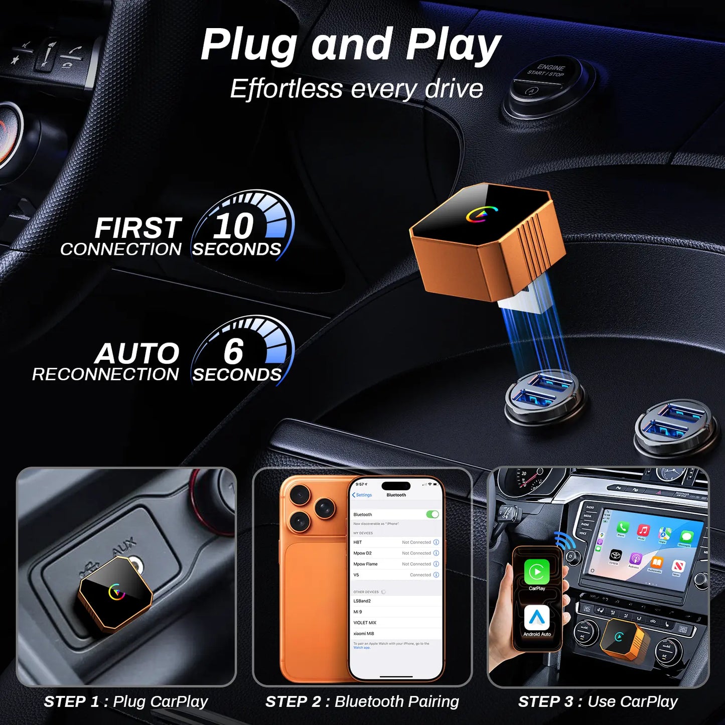 2026 Wireless CarPlay Adapter 2-in-1 for Apple CarPlay & Android Auto