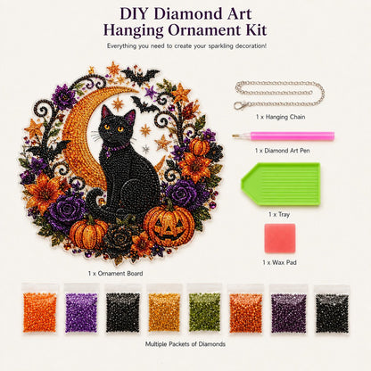 ✨🐈‍⬛ Halloween Black Cat Diamond Art Kit – DIY Hanging Ornament👻