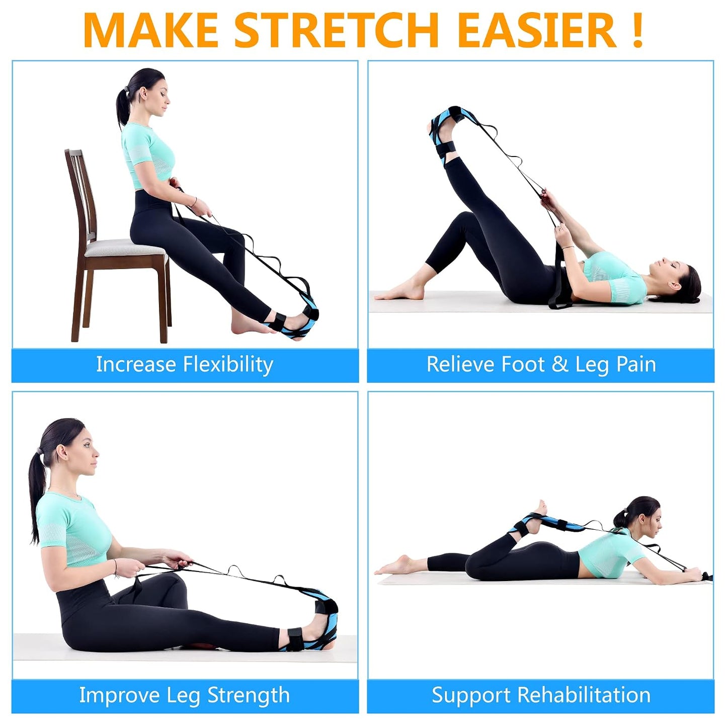 Foot &amp; Calf Stretching Kit-Foot Rocker, Stretching Strap &amp; Spiky Massage Ball-Effective Pain Relief for Plantar Fasciiti