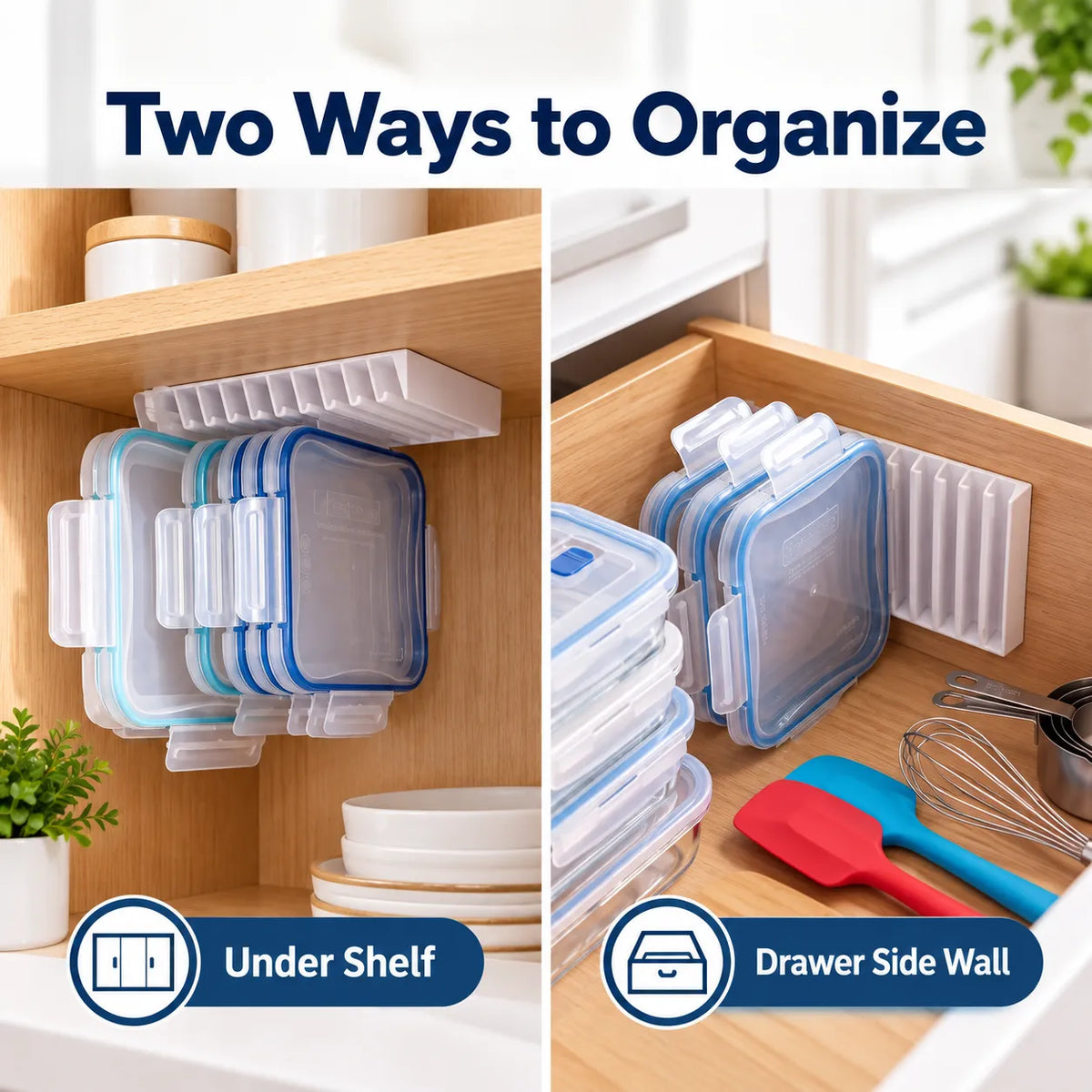 Under shelf and drawer side wall lid organizer installation
