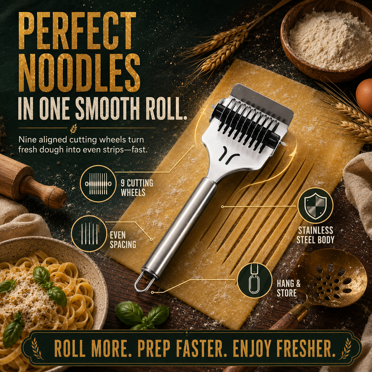 Stainless Steel 9-Wheel Rolling Noodle Cutter – Fast, Even Homemade Pasta Strips
