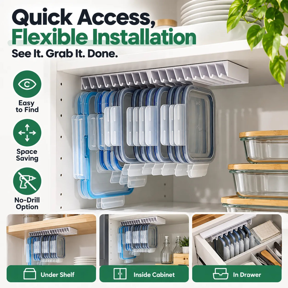 Flexible installation food container lid organizer