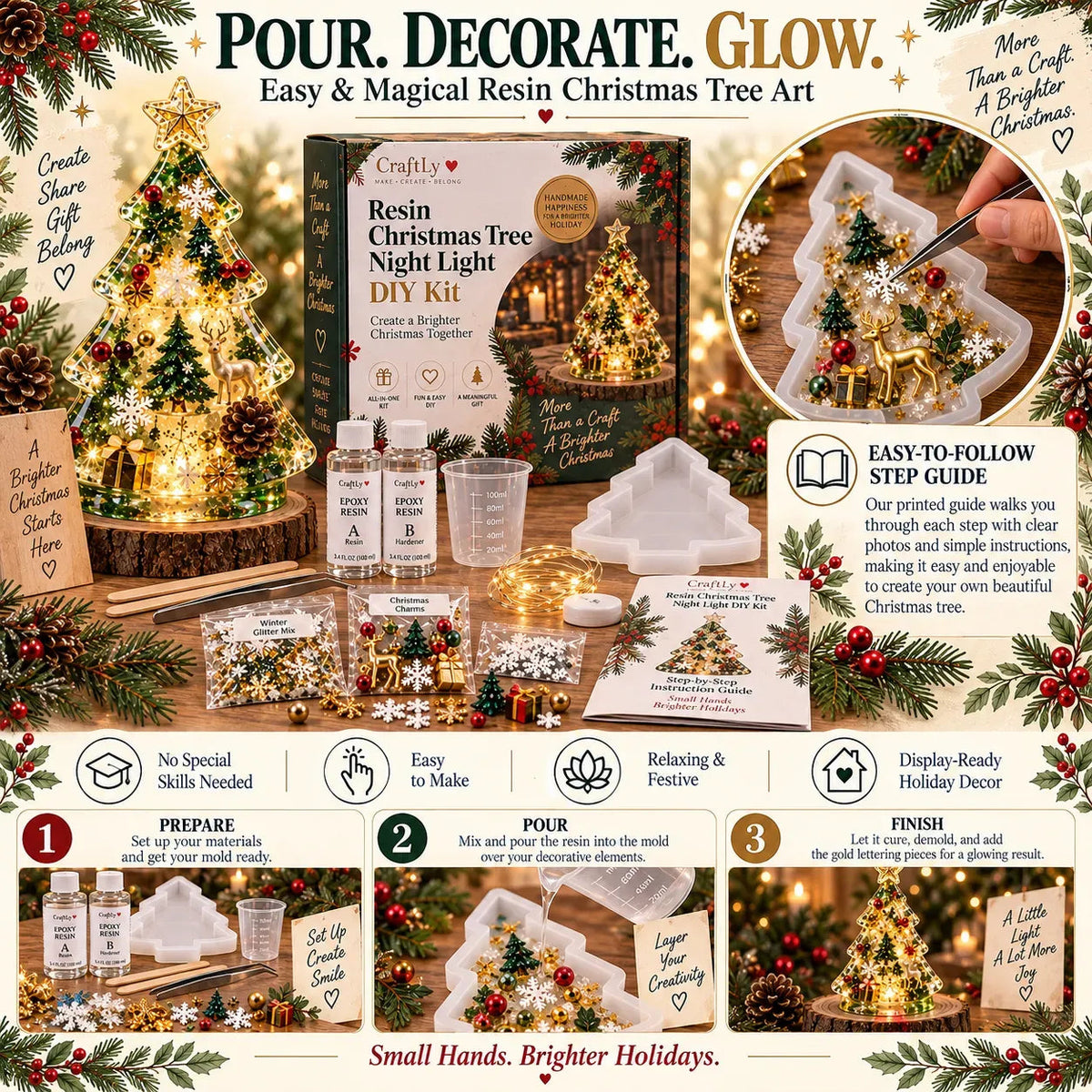 🎄 ✨Beginner-Friendly Resin Christmas Tree Night Light DIY Kit | Complete Kit with Mold, Resin, Fairy Lights & Festive Decorations ✨