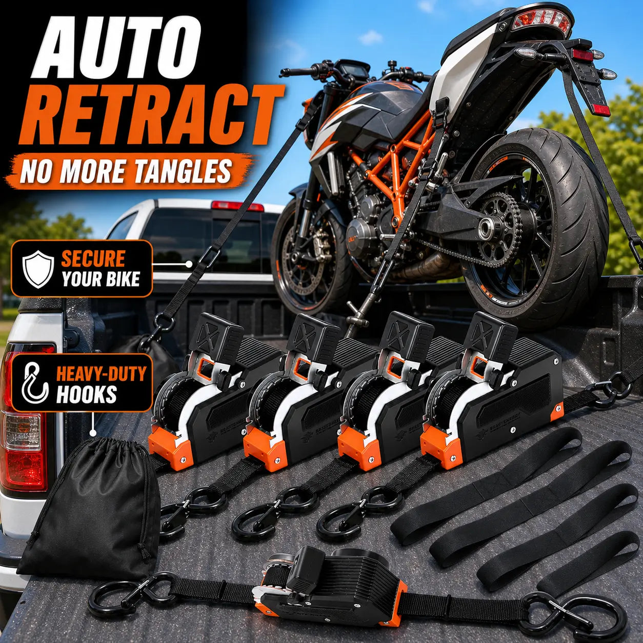 Dual-End Retractable Tie-Down Ratcheting Straps, 1 in x 16.4 ft, 1650 lb Break Strength, Adjustable Ratchet Position, Large Locking S Hooks for Motorcycle, ATV, Truck