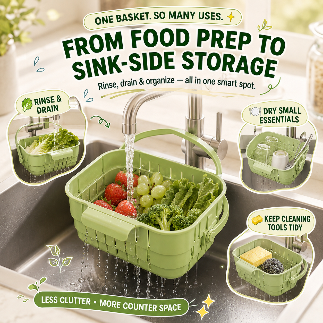 🧼 3-in-1 Collapsible Hanging Sink Strainer Basket – Rinse, Drain & Organize