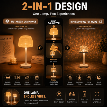 🌊 Water Ripple Ambient Lamp – 2-in-1 USB Powered Mushroom Mood Light for Bedroom, Bathroom & Cozy Home Decor