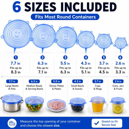 6 Pack Silicone Stretch Lids, Reusable Food Grade Silicone Container Cover