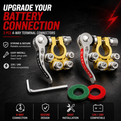 🔋 4-Way Battery Terminal Connectors | 12V & 24V Car & Truck Battery Clamps