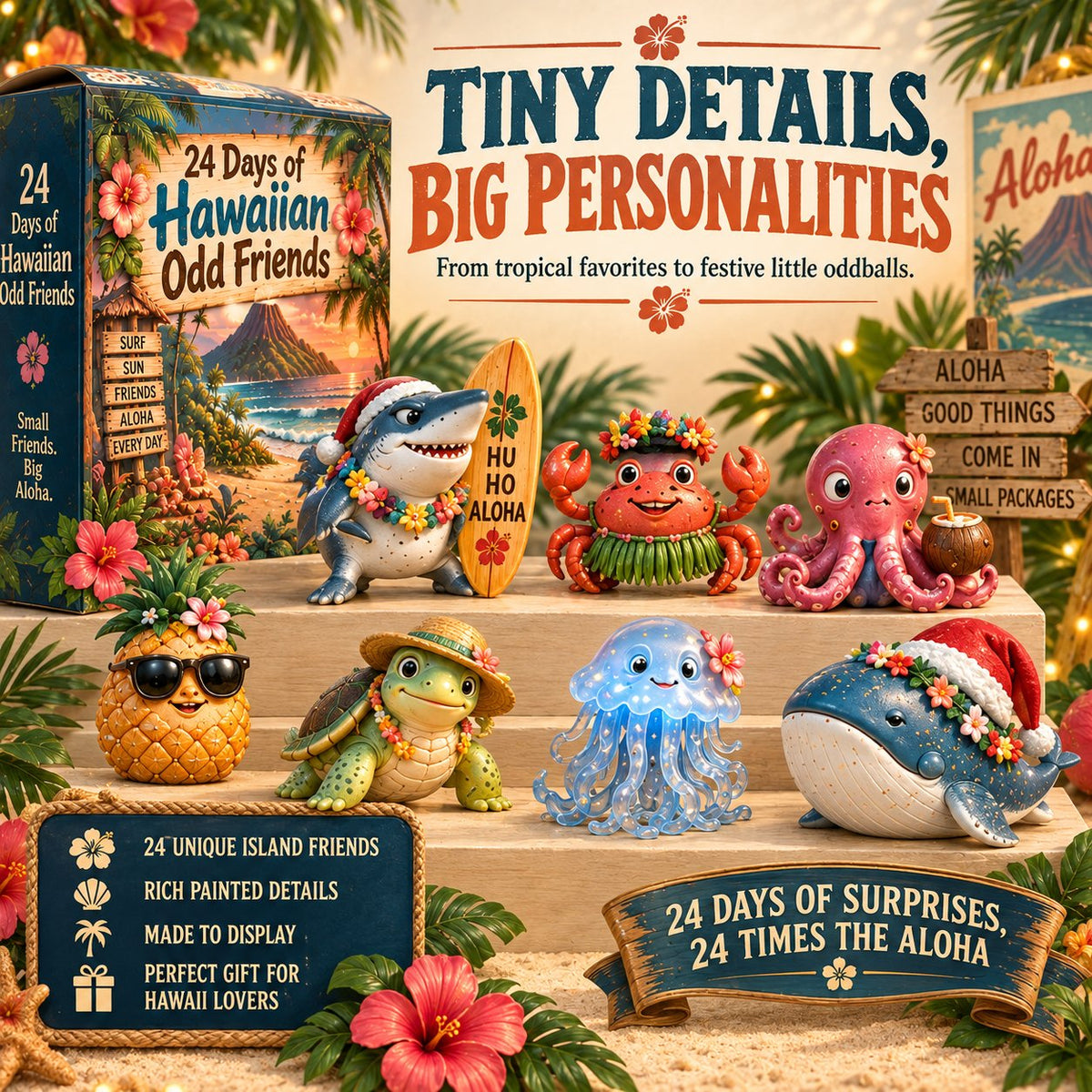 🌺 24 Days of Hawaiian Odd Friends Advent Calendar | 24 Hand-Painted Tropical Mini Figures with Daily Surprises for Hawaii Lovers, Collectors & Christmas Displays 🎄