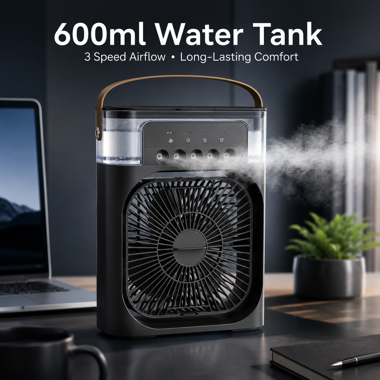 5‑Nozzle Desktop Spray Fan – 3in1 Air Cooler + Humidifier + 7‑Color Night Light, USB Personal Cooling Fan for Office Bedroom Dorm