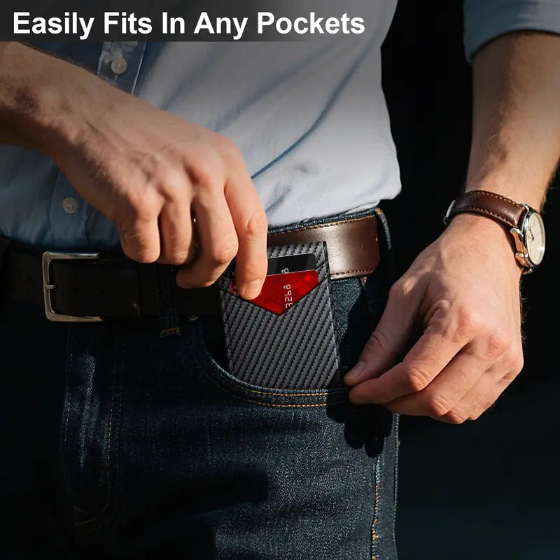 Slim pop-up wallet fitting into front jeans pocket