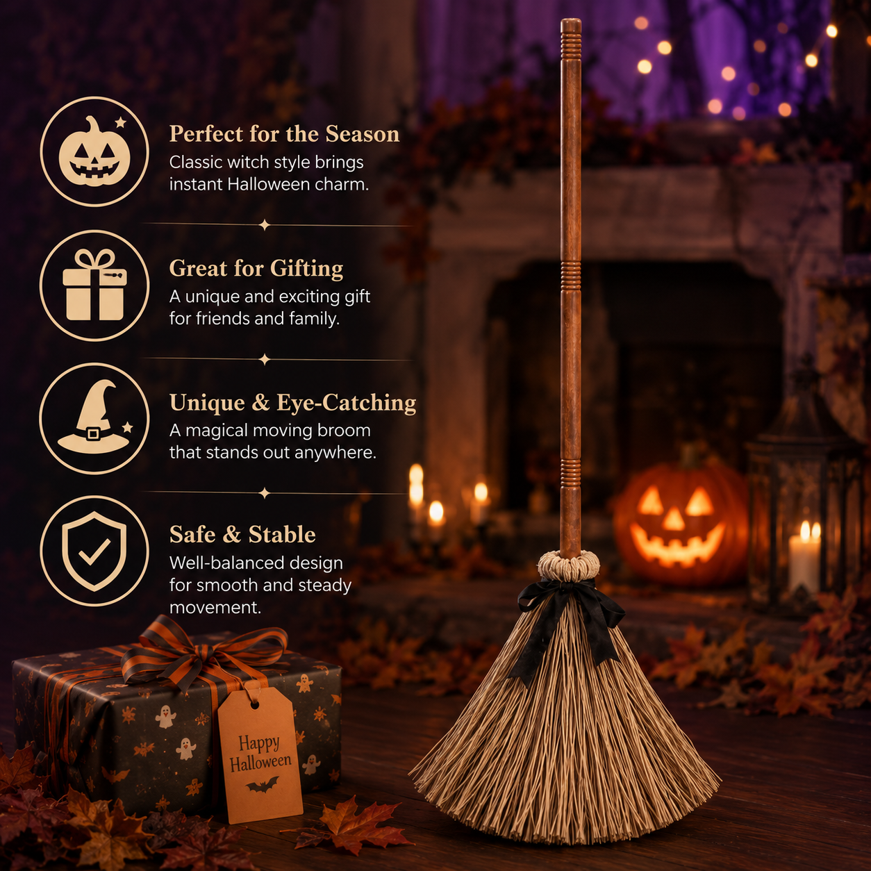 🧹 Animated Witch Broom Halloween Decor