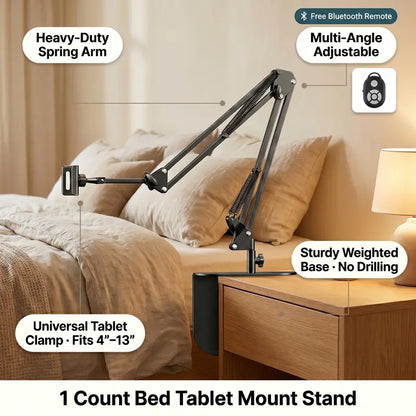 1 Count Bedside Tablet Stand with Metal Base, Universal Holder for Phone and iPad, Flexible Mechanical Arm Fits 4-12.9 Inch Devices, Clamp or Desktop Mount for Bed, Sofa, Kitchen Counter, 360° Rotatable
