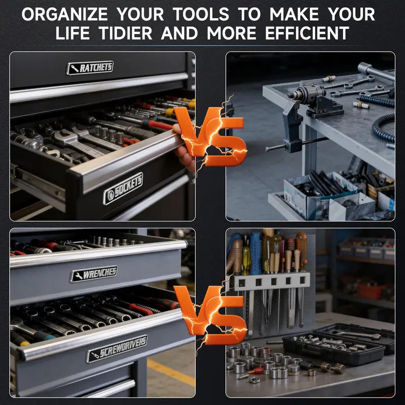 Organized toolbox drawers with magnetic labels compared with messy unorganized workbench