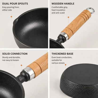 🍳 4.3" Pre-Seasoned Cast Iron Mini Sauce Pan with Wooden Handle & Dual Pour Spouts