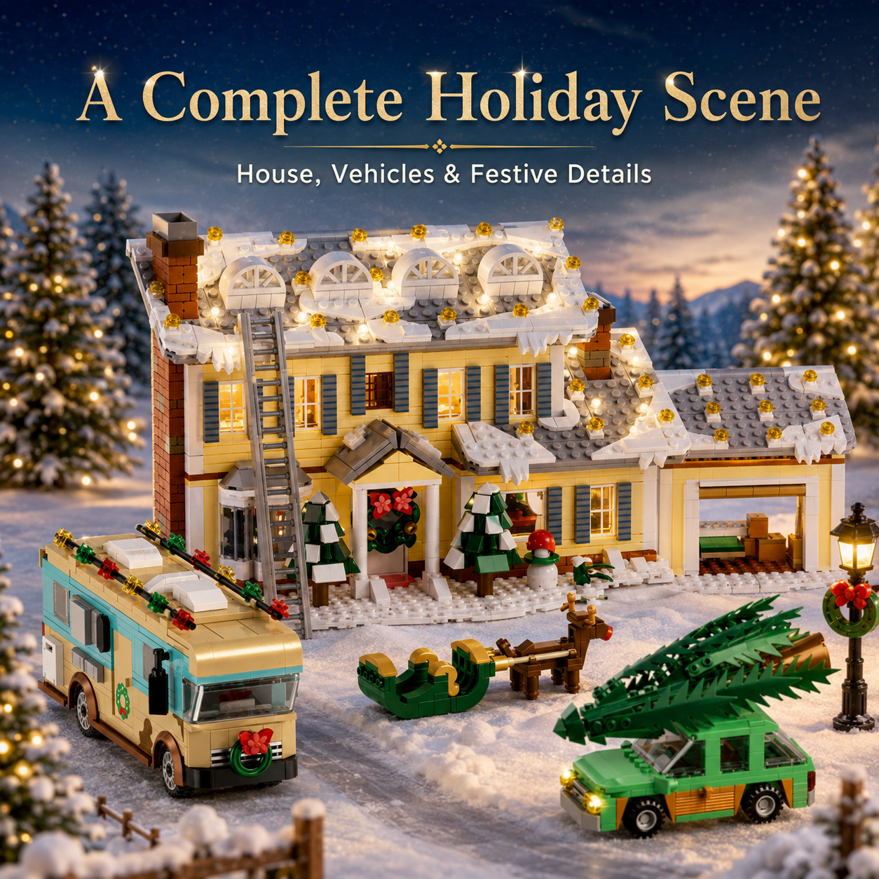 🎄 1998 PCS Winter Holiday Village Building Set with LED Lights & Vehicles ✨