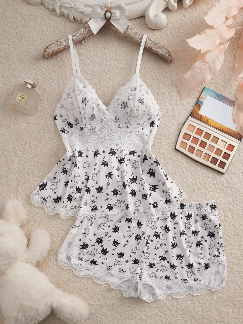 🎃 Halloween Pumpkin Lace Pajama Set | 2-Piece Sleepwear